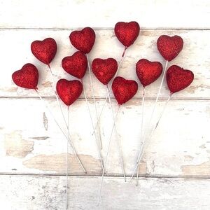 Valentine’s Day Red Glitter Love Heart Picks Stems Decorations Vday 10ct Set